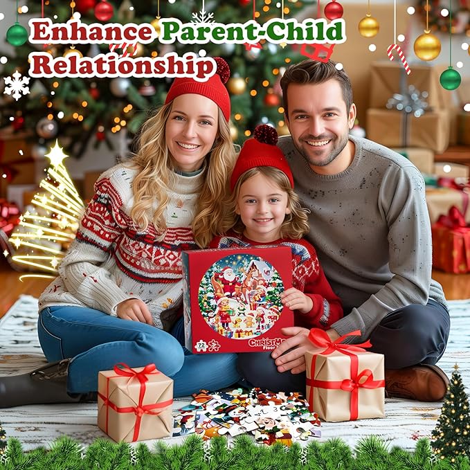 72 Pieces Shimmery Jumbo Christmas Floor Puzzle for Girls 3-5 4-6 Age Floor Puzzles for Boys and Girls Large Round Floor Jigsaw Puzzles (Christmas)