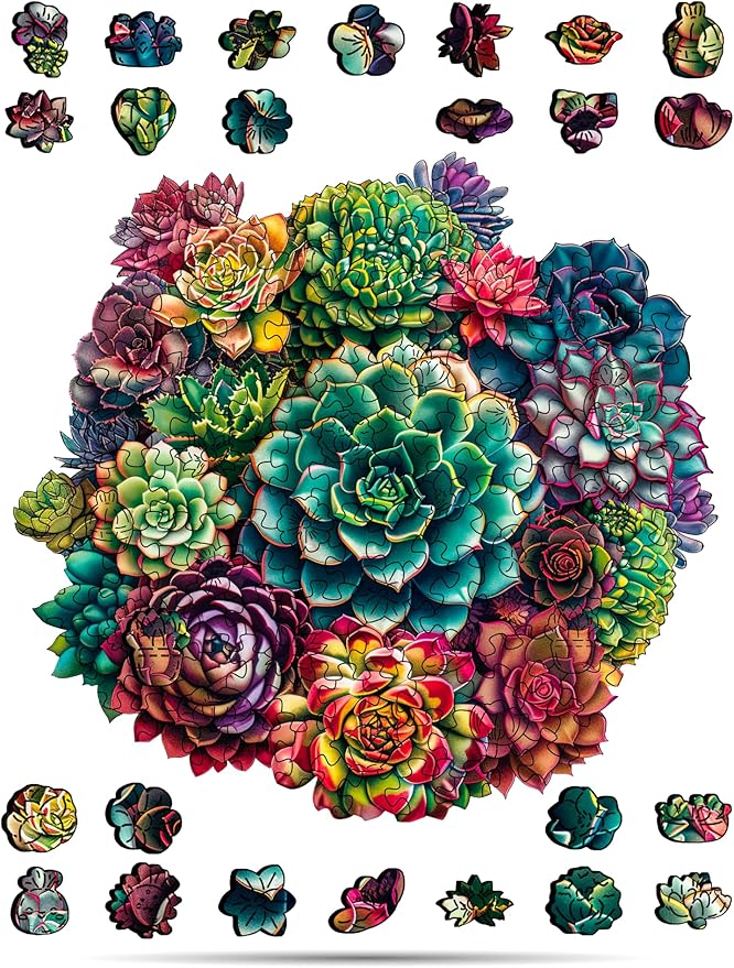 Crafthub Flowers Wooden Puzzles for Adults – A3 Mandala Succulent Plants with 152 Pieces Wood Puzzles – Jigsaw Puzzles with Unique Animal Shapes – 10.8" x 10.3"