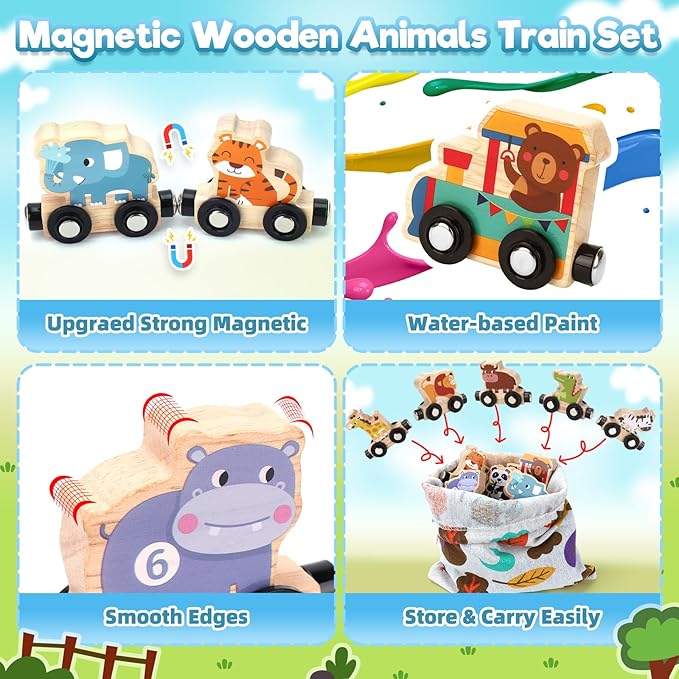 Toys for 1 2 3 Year Old Boys Girls, Montessori Toys Magnetic Wooden Train Set Gifts for 2-3-4 Year Old Boy Girl Educational Toddler Toy Birthday Presents Age 1+ Kids Animal Farm Games with Track Mat