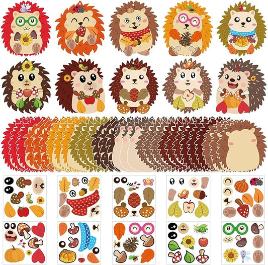 JUNEBRUSHS 30 Piece Fall Hedgehog Craft Set, Autumn Self-Adhesive Stickers Thanksgiving Make Your Own Crafts for Art Classroom Home Fall Harvest Event Party Supplies Decoration