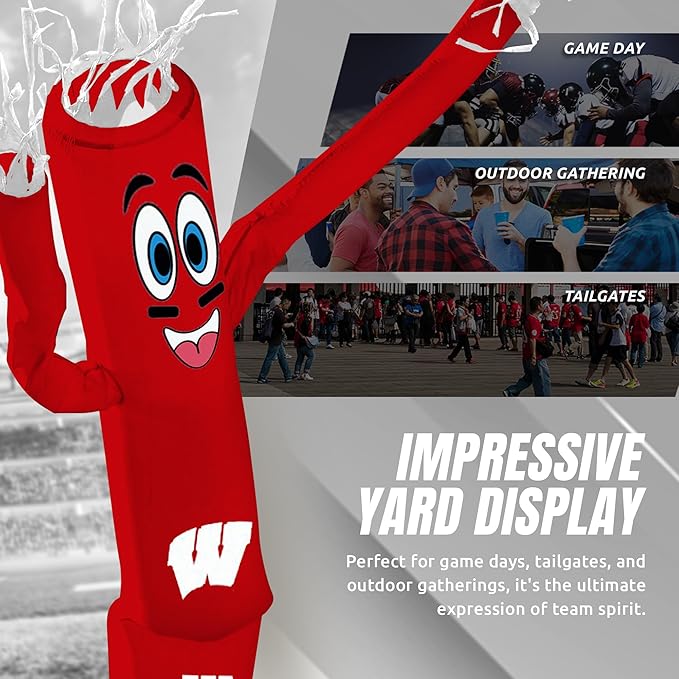 NCAA Wisconsin Football Wacky Waving Inflatable Tube Guy with LED Lights & Built-in Blower - 6" x 36" x 96" Inflatable Tube Man Crazy Sports Fan Outdoor Party Decoration