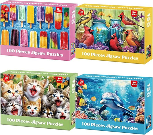 4-Pack 100 Piece Puzzles for Kids Ages 4-6 6-8 Popsicles Birds Dolphin Cat Large Puzzles for Kids 8-10 Years Old 100 Piece Jigsaw Puzzles for Seniors Adults Toddler Children Learning Educational Toys