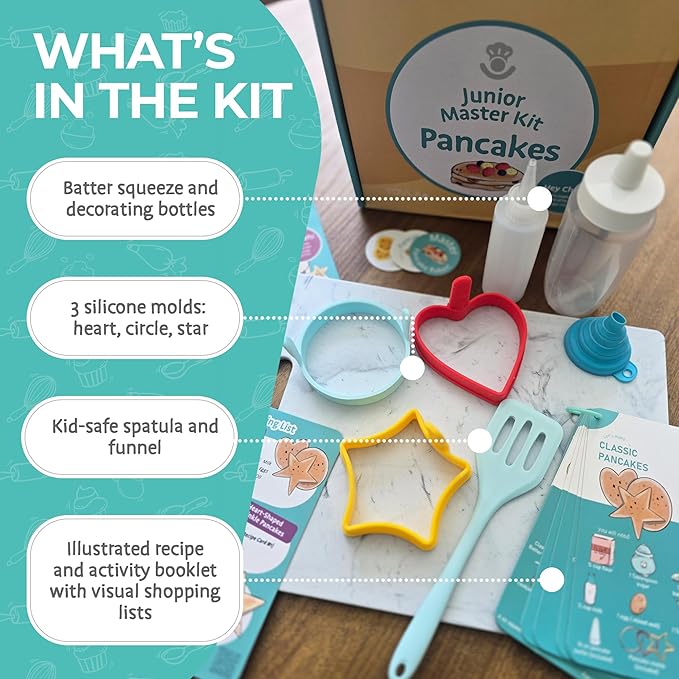 Tovla Jr. Junior Pancake Master Kit for Kids | Real Cooking Set with Reusable Silicone Pancake Molds, Bottles & Spatula | Educational STEM Gift Ages 6–12 | DIY Pancake Art Activity with Visual Recipes