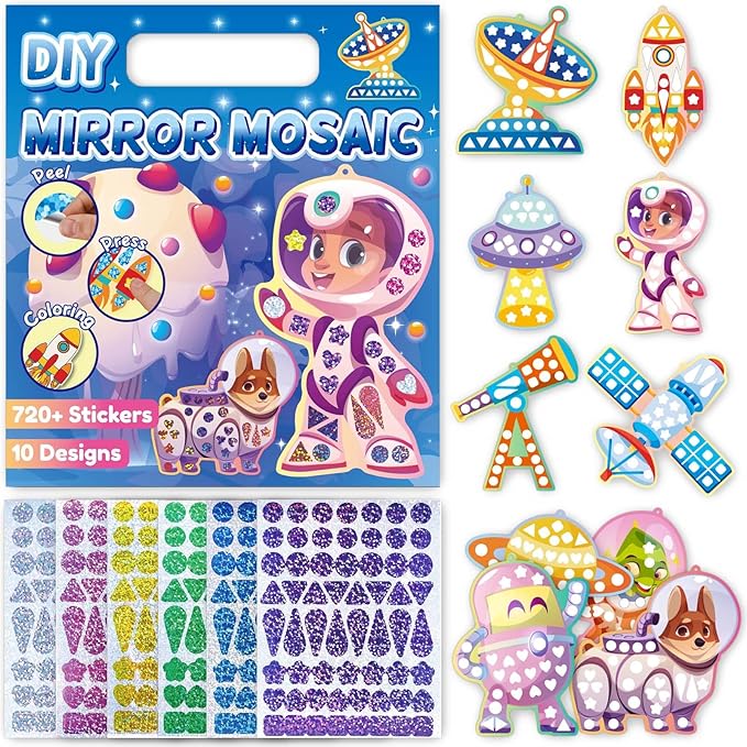 iGetooy 10 Sets DIY Mosaic Stickers for Kids, Space Art Craft Kit with 720+ Stickers, Travel Toys for Kids, Birthday Gifts for Girls and Boys 3-8 Year Olds