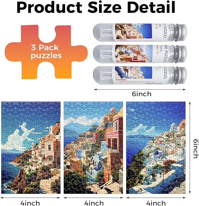 150 Pieces Mini Jigsaw Puzzles for Adults & Kids,6 x 4 Inches,Mini Puzzles,Travel Puzzle,Small Micro Puzzles,Challenging Difficult Puzzle,3 Pack Aegean Sea Santorini