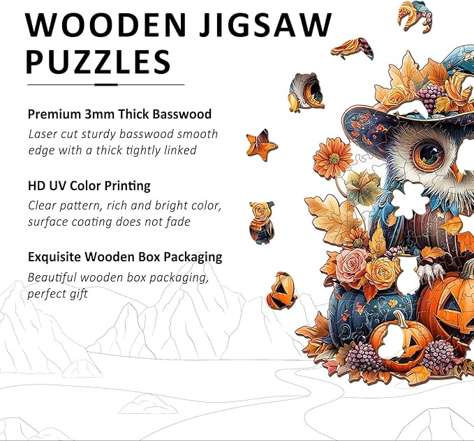Wooden Puzzles for Adults - 200 Pieces Halloween Owl Puzzle - Unique Animal Shapes Wooden Jigsaw Puzzles for Adults - Eco-Friendly Animal Puzzle Home Office Decor (M-11.4 * 11.4in)