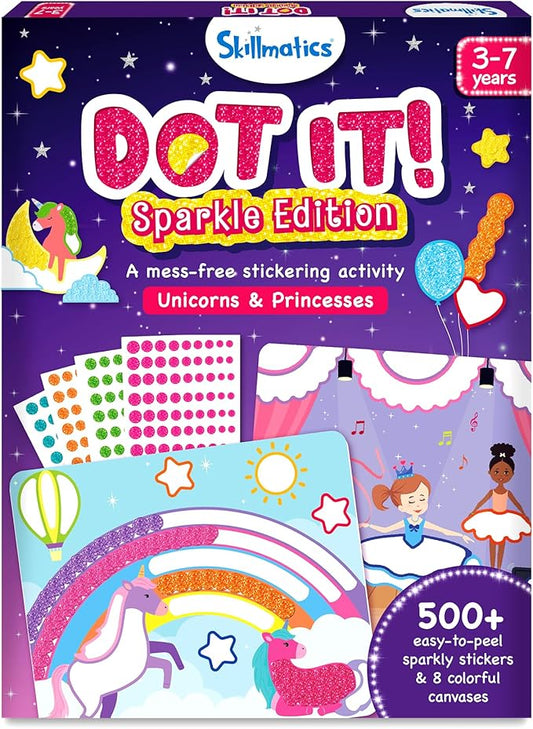 Skillmatics Dot It Sticker Art - Unicorns & Princesses, 500+ Sparkly Stickers, Mess-Free Fun for Kids, DIY Scrapbooking Craft Kits, Travel Toys, Gifts for Ages 3, 4, 5, 6, 7