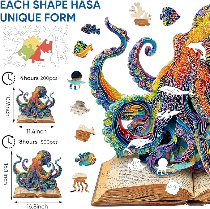 Wooden Puzzle for Adults 500 Pieces, Octopus Book Jigsaw Puzzles, Unique Shape Animal Adult Puzzles, Irregular Wood Best Gift for Adults Family Game(16.8 * 16.1 in)