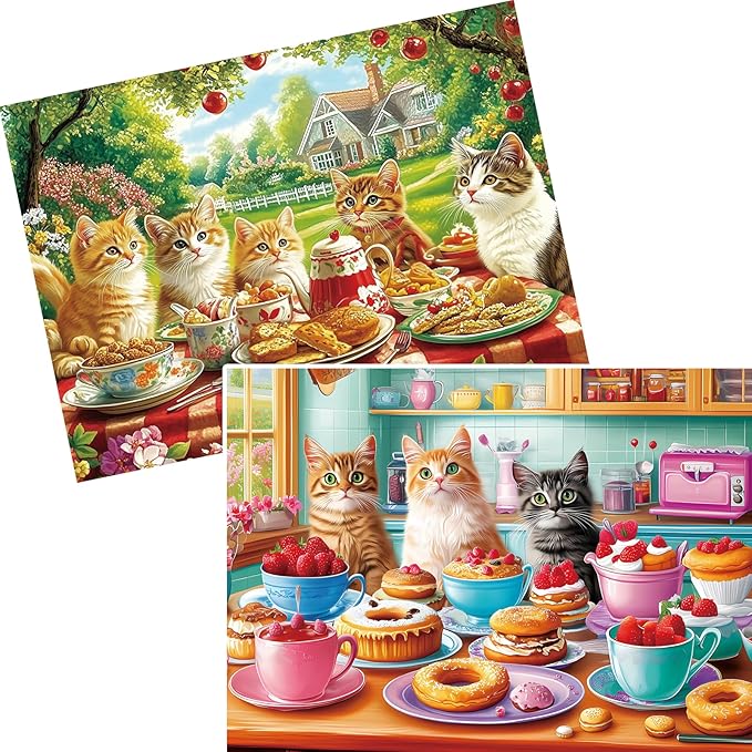 2-Pack 300 Pieces Puzzles for Kids, Dessert Cat Puzzles 300 Pieces Party Cat Jigsaw Puzzles for Adults, Large Piece Puzzle, Puzzle Toys for Boys and Girls, Family Activity Game Nights Gifts