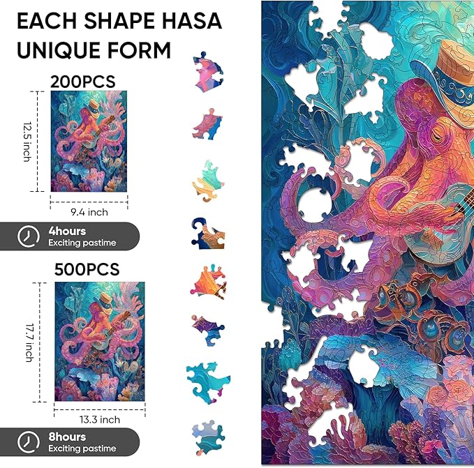 Wooden Puzzles for Adults, Octopus Guitar Jigsaw Puzzles, 200 Pieces Unique Design Adult Puzzles, Family Brain Game Gift, 9.4x12.5 inch