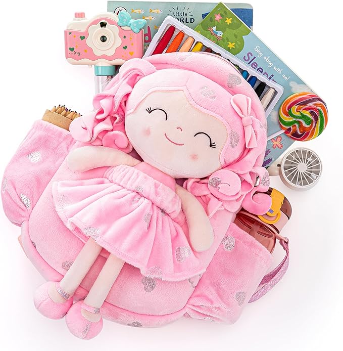 Gloveleya Toddler Backpack Baby Girl Gifts Curly Hair Plush Doll Dress Kids Backpacks Curly Hair Loving Heart Backpack - Pink Loving Heart 11 Inches