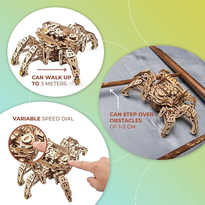 Ugears Hexapod Explorer 3D Puzzle - Walking Robot Wooden Model Kits for Adults to Build - Self-Propelled 6-Legged Mechanical Crawler Craft Kit - 3D Wooden Puzzles for Adults for Fathers Day - 388 Pcs