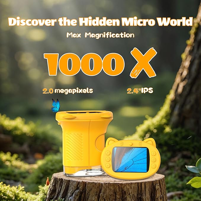 Kids Microscope, 1000X Portable Mini Pocket Microscope with 2.4″ IPS Screen & 8 LEDs, Rechargeable, STEM Educational Science Kit Toys, Best Christmas Birthday Gifts for 4-12 Year Old Girls