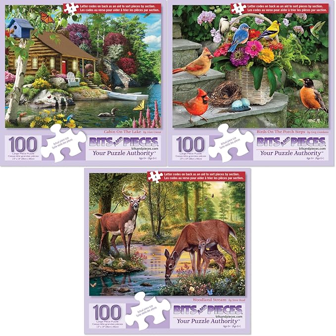 Bits and Pieces – Value Set of 3 Jigsaw Puzzles for Seniors – 50, 100, or 200 Large Piece Puzzles – Nature Scenes – Lettered Back Design – Each Puzzle Measures 15” x 19” (Three 100 Piece Puzzles)