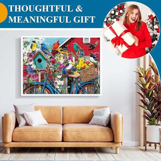 300 Piece Puzzles for Adults, Morning Garden Birds Puzzle for Adults Kids Seniors,Large Piece Backyard Fence Bike Puzzle for Kids 8-10 10-12,Spring Gathering Puzzles Perfect for Game Nights,20.5x15 in