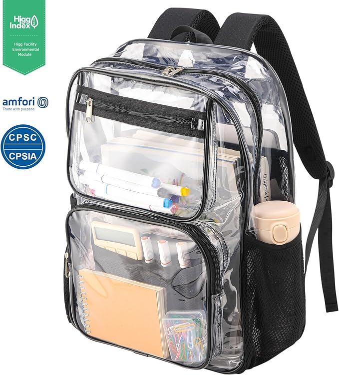 Lightweight Clear Bookbag for School or Stadium Events - Black Transparent Plastic See-Through Backpack Black