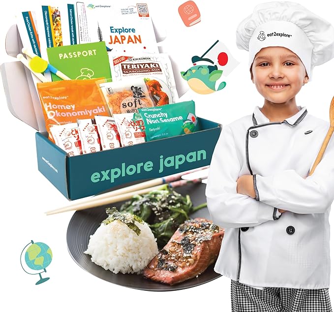 eat2explore Cooking Kits for Kids - Interactive & Educational Set with 3 Recipe Cards, Key Ingredients & Cooking Tools - Ideal Idea for Kids who Love to Create Meals (Japan Edition)