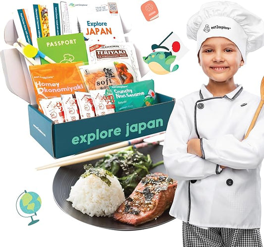 eat2explore Cooking Kits for Kids - Interactive & Educational Set with 3 Recipe Cards, Key Ingredients & Cooking Tools - Ideal Idea for Kids who Love to Create Meals (Japan Edition)