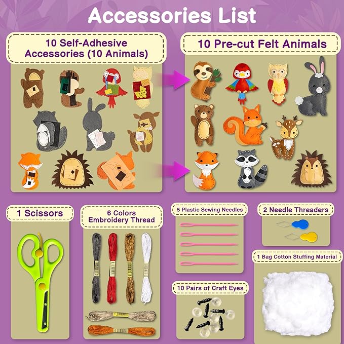KIDS KING Easy Sewing Kit for Kids, 10 DIY Projects of Stuffed Dolls of Woodland Animals, Pre-Cut Felt: Bear, Deer, Owl, Fox, Rabbit, Arts & Crafts Toys for Beginner Kids Age 6-12