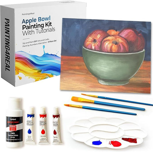 Painting4Real DIY Painting Class Kit for Adults with Video Tutorials: Learn to Paint Apple Bowl – How to Paint with Acrylics – Painting & Art Supplies – 9 Piece Acrylic Paint Set