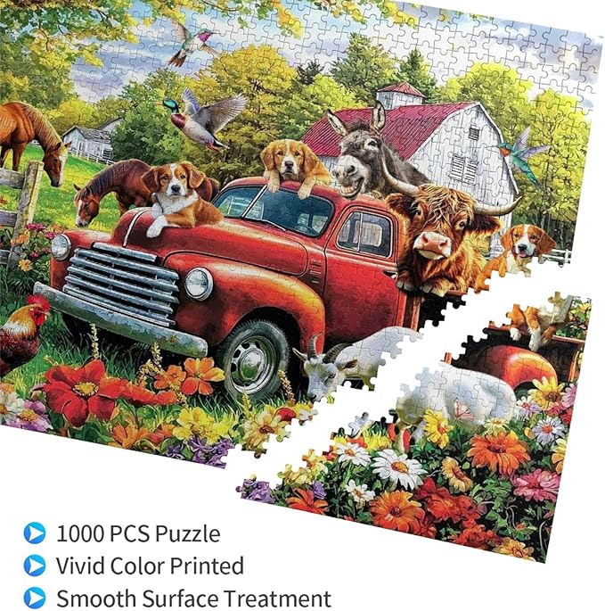 Colorful Spring Farm Puzzle for Adults 1000 Pieces Animal Farm Dogs Cows Donkey Horses Puzzle Artwork Friends Family Activity Game Nights Gifts