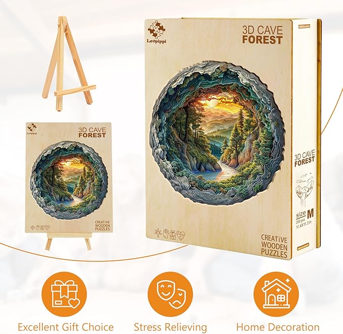 Wooden Puzzles for Adults, Wooden Jigsaw Puzzles for Adults Kids, 3D Cave Forest Unique Shaped Wood Puzzles Adult, Creative Birthday Gifts for Friends Family Game (11.4 * 11.4in 200pcs)