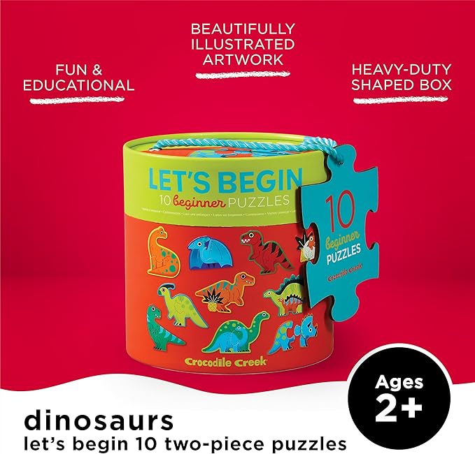 Crocodile Creek Let’s Begin Puzzle - Ten 2-Piece Beginner Puzzles for Ages 2 and Up - Heavy-Duty Storage Canister with Handle - Colorful Dinosaurs Design - Each Puzzle is 6" L x 4" H Finished