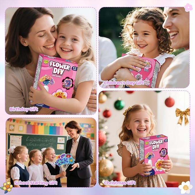 DIY Flower Bouquet Craft Kits, Poke in Arts and Crafts for Kids Girls Boys 4 5 6 7 8 9 10 11 12 Years Old Great Birthday Christmas Gifts 6 Flowers with LED Lights