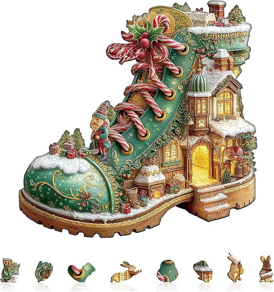 Jigfoxy Wooden Puzzles for Adults, Christmas Snow Boot Cottage Wood Puzzles Adult, Unique Animal Shape Wooden Jigsaw Puzzles for Adults, Birthday Gifts for Puzzle Lovers, Family (M-11.4*11.4in-175pcs)