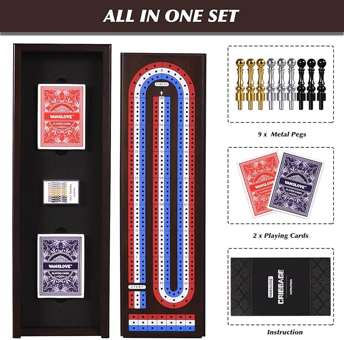 VAMSLOVE 16'' Cribbage Board Game Set Wooden 3-Track Scoreboard with Large Slots for Storing 2 Playing Cards and 9 Metal Pegs, Travel Family Game Night (Instruction Included)