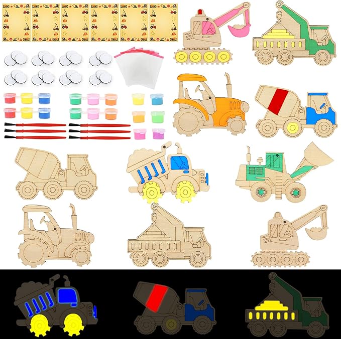 LARDUX Construction Party Favors, 24PCS DIY Wooden Arts & Crafts Painting Kit for Kids , Glow in The Dark Party Favors Family Crafts Birthday Party Christmas Gifts Toys for Boys Girls