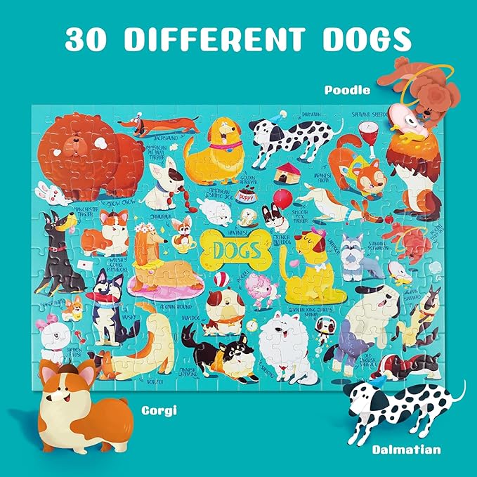 TOI Dogs Puzzle for Kids Ages 3-5, 200 Pieces Jigsaw Puzzles for Toddlers with Dog-Shaped Portable Box, Preschool Learning Dog Game for Boys & Girls Gift