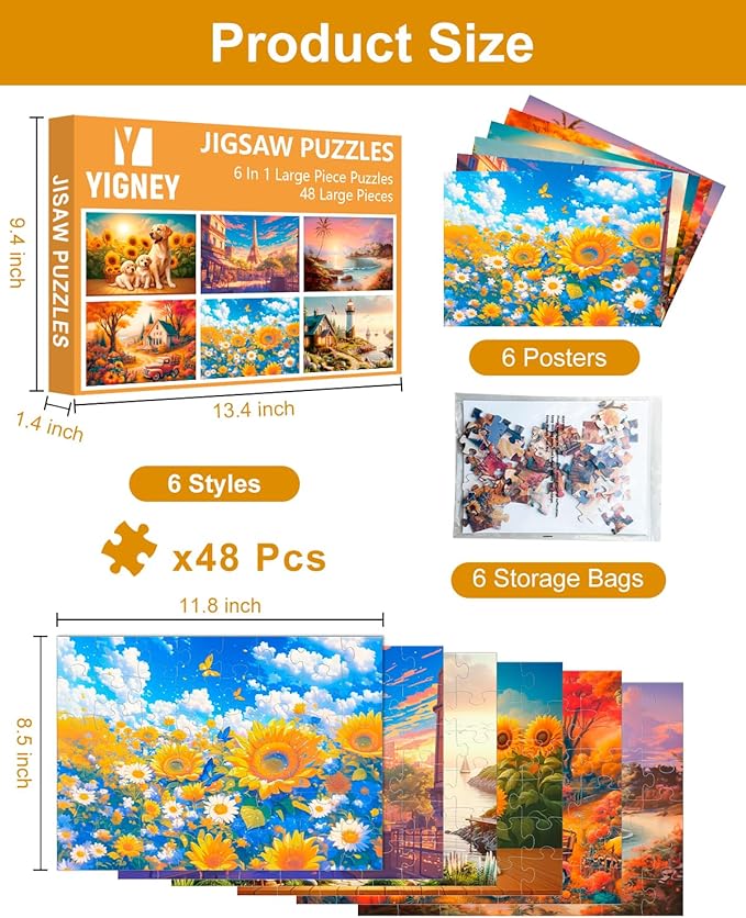 6 Pack 48 Large Piece Jigsaw Puzzles for Seniors Alzheimer Products for Elderly Dementia Activities Memory Game for Patients in Nursing Home with Storage Box