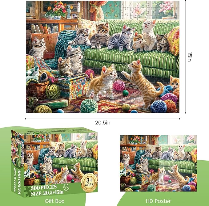 300 Piece Puzzles for Adults, Cute Cats 300 Piece Puzzle, Playful Kittens in Living Room Jigsaw Puzzle, Perfect for Family Game Night, Home Wall Decor, Ideal Gift for Adults, Kids, Seniors