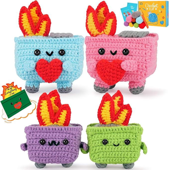 Crochet Kit for Beginners - 4PCS Dumpster Fire Complete Crochet Starter Kit with Step-by-Step Video Tutorials, Beginner Crochet Kits for Adults Kids Women, Funny Crochet Gifts