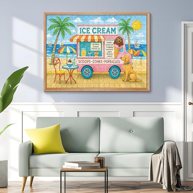 300 Piece Puzzles for Adults, Colorful Ice Cream Truck Puzzles for Adults, Cute Beach Scene with Dog 300 Piece Jigsaw Puzzle, Ideal Home Decor Gift for Adults Kids Seniors, 20.5×15 in
