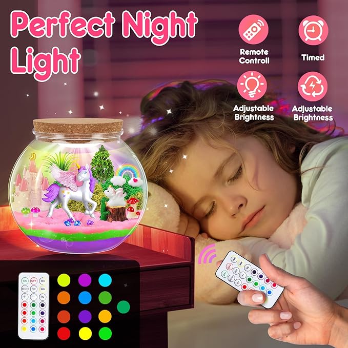 RONSTONE Light-Up Unicorn Terrarium Kit for Girls – DIY Arts & Crafts Gift with Remote-Control LED Night Light – Fun Unicorn Toys for Kids Ages 4 5 6 7 8 9 10 – Birthday or Christmas Gift for Girls