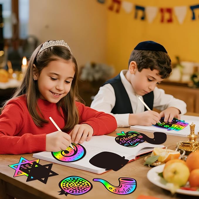 CY2SIDE 60PCS Rosh Hashanah Jewish New Year Scratch Card Gift Set for Kid, DIY Shana Tova Scratch Paper Art for Kids School Activity, Magic Art Rainbow Color Craft for Kids Jewish New Year Party Favor