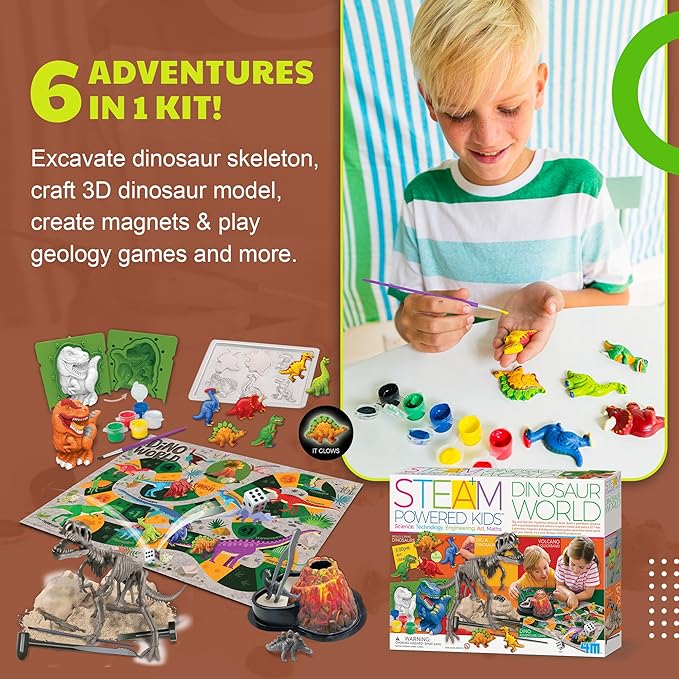 4M - STEAM Dinosaur World - Dig & Assemble Jurassic World Dinosaur Toys Volcano, Build Prehistoric Diorama, Includes Fossil Excavation Tools & Toy Dinosaurs - STEM Learning Kit for Kids Ages 5+