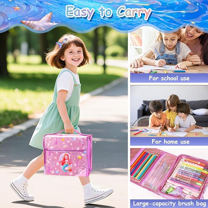 Mermaid Gifts for Girls, Washable Scented Markers Set for Kids, Include Glitter Pencil Case, Markers, Glitter Pens, Crayons 98Pcs Art Supplies Coloring Kit Birthday Christmas Gifts for Girls