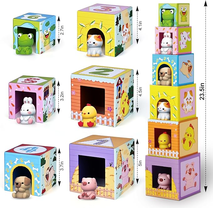 Toddler Farm Animal Sorting and Stacking Toys, Nesting Boxes and Blocks With Finger Puppets - Gifts for 1-3 Year Olds