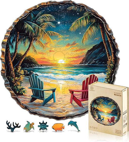 Jigfoxy Wooden Puzzle for Adults, Sunset Beach Wooden Jigsaw Puzzles for Adults, Unique Animal Shape Wood Cut Puzzles for Family Friend Puzzle Lovers(L-13.4 * 13.3in-295pcs)