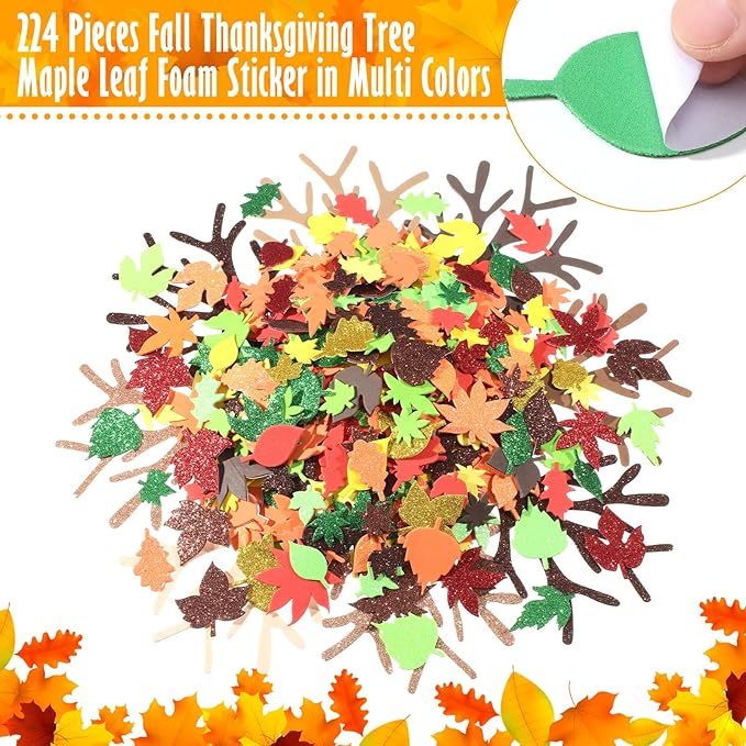 224 Pcs Fall Foam Stickers Fall Leaf Craft Thanksgiving Tree Maple Leaf Foam Shaped Self Adhesive Glitter Stickers Craft Kit for Thanksgiving Autumn Art Family (Maple Leaves)