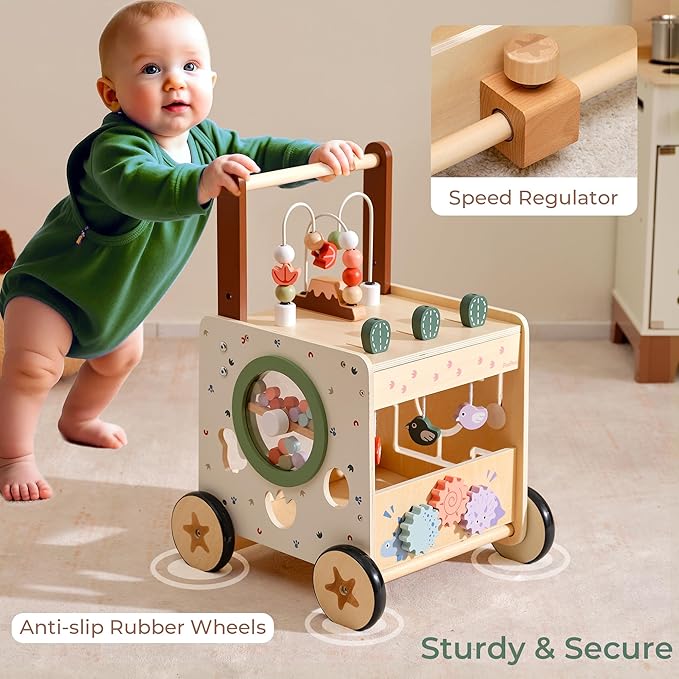 PairPear Wooden Baby Walker,6 in 1 Dinosaur Play Walker Adjustable Speed Push Cart with Brake & Shape Sorter,Natural Solid Wood Activity Center Toy for Toddlers 12M+