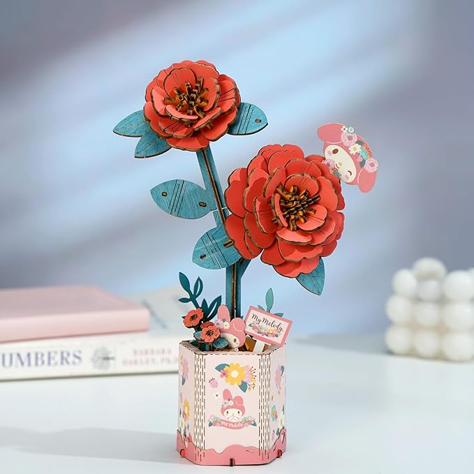 Hands Craft Hello Kitty and Friends My Melody Red Camellia 3D Wooden Puzzle Kit | DIY Flower Model | Arts & Crafts for Adults & Kids | Creative Hobby Kits | Wood Building Set | Unique Gift