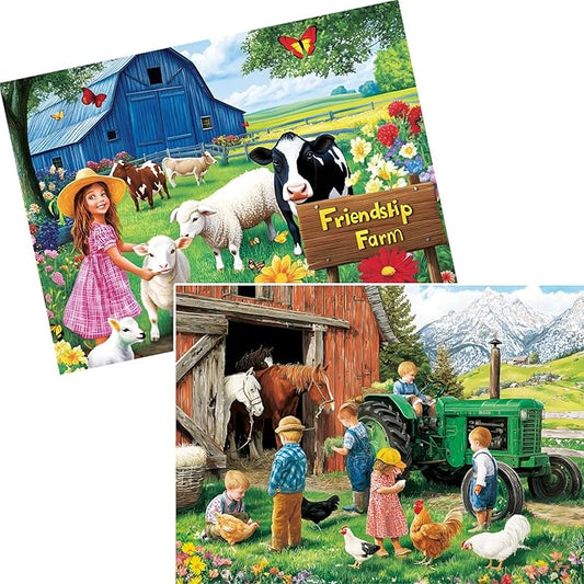 2-Pack 300 Pieces Puzzles for Adults, Happy Friendship Farm Puzzles 300 Pieces Warmth Childhood Scene Jigsaw Puzzles for Adults, Challenging Family Puzzle Colorful Activity Game Gift 20.5 X 15 in