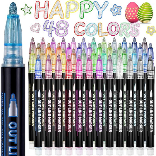 Teen Girl Gifts Trendy Stuff, 48 Shimmer Markers Outline Glitter Pens, Arts Crafts Kids Ages 8-12, Art Supplies for Kids 9-12, 8 Year Old Girl Birthday Gifts for 10 Year Old Girls
