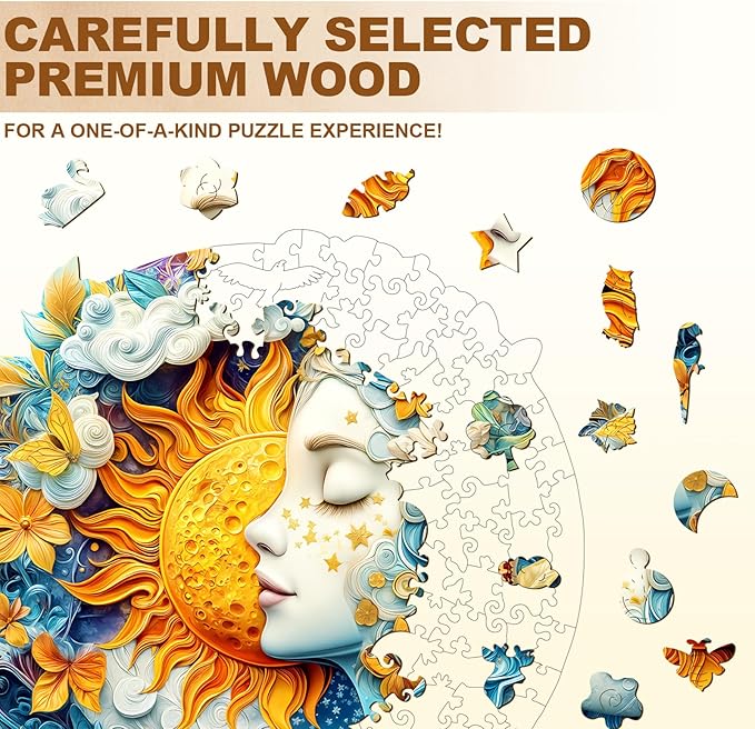 WOODBESTS Wooden Puzzles for Adults, Moon Sun & Girl Wood Puzzles Adult(275 Pieces, L, 13.4 * 13.4in), Unique Shape Wooden Animal Jigsaw Puzzles, Birthday Gifts for Adults Family Game