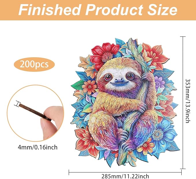 GLOBLELAND 200Pcs Sloth Wooden Jigsaw Puzzles for Adults 11.22x13.9inch Jungle Sloth Wooden Puzzles Colorful Unique Shaped Wood Puzzles for Family Anniversary Birthday Gift