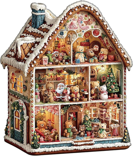 Jigfoxy Wooden Puzzles for Adults, Bear’s Christmas House Wood Puzzles Adult, Unique Animal Shape Wooden Jigsaw Puzzles for Adults, Birthday Gifts for Puzzle Lovers, Family (M-11.4 * 9.8in-180pcs)